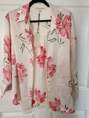Vine & Love Satin Floral Long Sleeve Button Down Top Nwt Size Medium